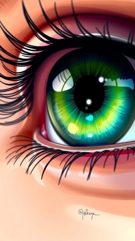 Juicy Eyes Drawing Tutorial A detailed drawing of a vibrant eye with a colorful iris and glossy highlights.